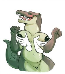 anthro big_breasts black_nipples blush bodily_fluids breasts chumpy clenched_fists crocodile crocodilian crocodylid disembodied_hand eyelashes female genitals groping_breasts hi_res looking_at_viewer male navel nipples nude open_mouth pussy reptile saliva scalie sharp_teeth simple_background solo standing teeth tongue tongue_out white_background wide_hips