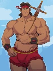 1boy 1boy1girl 1girls bara brown_hair dave_(dave_the_barbarian) dave_the_barbarian disney disney_channel green_eyes hand_on_hip lula_(dave_the_barbarian) male_focus male_only nipples red_bandana shirtless sword tan_skin vein vitamin_bara