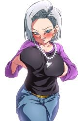 1girls android_18 blue_eyes cameltoe cleavage curvy dragon_ball erect_nipples female huge_areolae huge_ass huge_breasts puffy_nipples rom short_gray_hair short_hair thick_lips voluptuous wide_hips