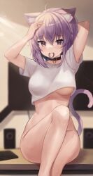 ahoge animal_ear_fluff animal_ears arm_behind_head arms_up bangs black_choker blush bottomless breasts cat_ears cat_girl cat_tail choker commentary crop_top eyebrows_visible_through_hair female female_focus hair_between_eyes hair_tie_in_mouth highres hololive hololive_gamers hololive_japan indoors keyboard_(computer) large_breasts looking_at_viewer medium_hair monitor mouth_hold nekomata_okayu purple_eyes purple_hair shirt short_sleeves sitting solo speaker tail tying_hair underboob virtual_youtuber white_shirt woogi_(duguddnr)