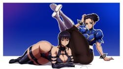 2girls anguriask ass big_ass big_breasts blue_eyes breasts capcom chun-li_(cosplay) double_bun eye_contact female female_focus female_only looking_at_viewer marvel marvel_comics marvel_vs._capcom nico_robin one_piece pre-timeskip psylocke_(cosplay) smile street_fighter thick_thighs tight_pants wide_hips