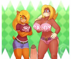 1boy 2girls anthro banana big_ass big_breasts blonde_hair booty_shorts candy_kong crash_(series) crescent-blue-zero crossover donkey_kong_(series) eating eating_food expressionless female female_focus folded_arms fully_clothed furry hand_on_hip hi_res huge_ass huge_breasts male multiple_girls penis pink_shorts pov primate small_clothes staring staring_at_penis tawna_bandicoot thick_thighs wide_hips