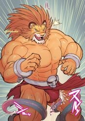 1boy 5_fingers anthro areola balls bodily_fluids bottomwear brown_mane bulge clothed clothing cuff_(restraint) facial_scar felid fingers forced genitals leo_(red_earth) lion madwakx male male_only mammal mane muscular muscular_anthro muscular_male nipples open_mouth pantherine pecs rape red_bottomwear red_clothing red_earth restraints scar shackles shocked solo sweat teeth tentacle tentacle_around_leg tentacle_rape tentacle_sex topless video_games yellow_eyes