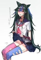 1girls 2d danganronpa danganronpa_2:_goodbye_despair female female_only flashing flashing_panties looking_at_viewer mioda_ibuki miyoichi_(tjuc8378) multicolored_hair panties pink_eyes school_uniform schoolgirl sitting skirt skirt_lift smile smiling_at_viewer smooth_skin solo thighhighs translation_request