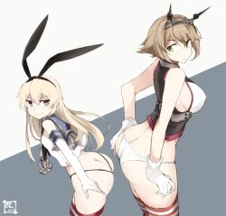 2girls anchor_hair_ornament ass ass_cleavage black_panties black_thong blonde_hair blush breasts brown_hair butt_crack crop_top elbow_gloves gloves green_eyes grey_eyes hair_ornament hairband headgear highleg highleg_panties kantai_collection large_breasts long_hair looking_at_another multiple_girls mutsu_(kantai_collection) no_skirt panties sailor_collar shigino_sohuzi shimakaze_(kantai_collection) short_hair simple_background smile striped striped_legwear thighhighs thong underwear white_gloves white_panties