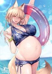 animal_ears beach big_breasts bikini blonde_hair blush cleavage closed_eyes cute female female_only fox_ears fox_girl fox_tail innertube kemono kitsune linea_nigra original pregnant shizu-chan smile solo swimsuit tail tied_hair wet_skin yukibuster