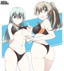 2girls :d alternate_costume ass ass_cleavage bikini black_bikini blue_eyes breasts brown_hair butt_crack character_name cowboy_shot eyebrows_visible_through_hair green_eyes green_hair groin hair_between_eyes kantai_collection kumano_(kantai_collection) large_breasts long_hair multiple_girls navel open_mouth ponytail shigino_sohuzi smile sports_bikini sportswear suzuya_(kantai_collection) swimsuit