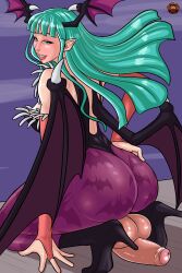 1futa 2:3 alekerectsociety arm_sleeves ass ass_bigger_than_head back back_view balls bat_print big_ass big_balls big_penis breasts capcom clothed clothing cock-tail darkstalkers demon_wings futa_only futanari green_eyes green_hair huge_ass humanoid humanoid_penis kneeling large_ass legs_together light-skinned_futanari light_skin long_hair looking_back morrigan_aensland mostly_clothed penis pink_panty_strap solo solo_futa succubus thick_thighs thighs wings