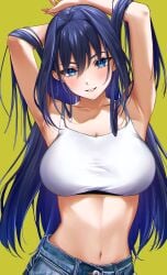 armpits arms_up blue_eyes blue_hair chizuimo holocouncil hololive hololive_english hololive_english_-council- hololive_english_-promise- jeans ouro_kronii smiling_at_viewer stomach tagme virtual_youtuber white_topwear