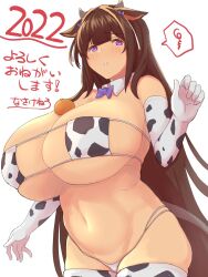 1girls 2022 azur_lane big_breasts bikini blush bowtie brown_hair cleavage cow_bikini cow_ears cow_girl cow_horns cow_print cow_print_armwear cow_print_thighhighs detached_collar elbow_gloves eyepatch_bikini female female_only horns huge_breasts kashino_(azur_lane) light-skinned_female light_skin long_hair looking_at_viewer nasakene new_year purple_eyes sakura_empire_(azur_lane) solo