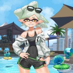 1girls 2021 black_swimsuit competition_swimsuit eyewear_on_head gold_eyes inkling jacket kikino77 marie_(splatoon) nintendo one-piece_swimsuit removing_shorts shorts splatoon splatoon_(series) splatoon_2 sunglasses sunglasses_on_head swimming_pool swimsuit swimsuit_under_clothes swimwear