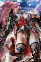 1girls amputee arm_guards baiken bare_thighs big_breasts black_clothing black_leotard boots breasts busty cherry_blossoms cleavage clothed clothed_female clothing eye_patch female female_focus female_only fishnet_thighhighs fit fit_female guilty_gear guilty_gear_strive guilty_gear_xrd hips holding_sword holding_weapon japanese_clothes japanese_clothing katana kimono large_breasts leotard leotard_under_clothes light-skinned_female light_skin long_hair long_ponytail looking_at_viewer missing_arm navel pale-skinned_female pale_skin pink_eyes pink_hair ponytail sakimichan solo solo_female solo_focus standing sword thick_thighs thighhighs thighs toned toned_female toned_stomach wide_hips
