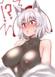 !? :< animal_ear_fluff animal_ears bare_shoulders blush breasts collarbone covered_erect_nipples eyebrows_visible_through_hair female hat highres large_breasts looking_at_viewer momiji_inubashiri nipples red_eyes see-through shiraue_yuu short_hair silver_hair simple_background solo speech_bubble sweat tokin_hat touhou white_background wolf_ears