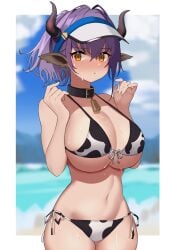 360_(taiyo360) :t absurdres animal_ears animal_print arknights beach bell bikini black_collar blurry blurry_background border breasts cleavage collar commentary_request cow_ears cow_print cowbell cowboy_shot female female hands_up highres horns large_breasts looking_at_viewer navel neck_bell orange_eyes ponytail pout purple_hair side-tie_bikini sideroca_(arknights) solo stomach swimsuit underboob visor_cap white_border