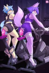 2022 5_fingers absurd_res anthro blue_eyes breasts canid canine clothed clothing digital_media_(artwork) dildo dildo_bike dildo_saddle duo exercise_equipment eyebrows eyelashes female fingers hair hi_res mammal moddish purple_eyes purple_hair sex_toy