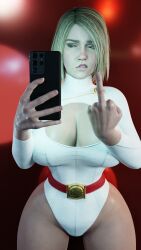 1girls 3d blonde_hair blue_eyes boob_window busty cellphone dc dc_comics female female_focus female_only fn_lewds fully_clothed hourglass_figure injustice_2 leotard middle_finger power_girl solo standing superman_(series) wide_hips