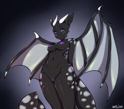 absurd_res anthro belly breasts dragon female genitals hi_res horn looking_at_viewer nipples pinup pose pussy shy welive wings