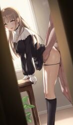 1boy arm_support bangs bent_over black_dress black_legwear black_panties blonde_hair blurry blurry_foreground blush breasts clothed_female_nude_male clothed_sex clothes_lift commentary_request dress dress_lift female from_side gloves highres indoors inukai_mofu kneehighs long_hair looking_at_viewer looking_to_the_side medium_breasts neck_ribbon nijisanji nude nun open_door open_mouth panties panty_pull plant pov pov_eye_contact ribbon sex sex_from_behind sister_cleaire solo_focus standing standing_sex straight sweat underwear virtual_youtuber voyeur voyeur_pov voyeurism white_gloves white_ribbon window yellow_eyes