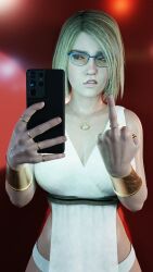 1girls 3d blonde_hair blue_eyes busty cellphone dc dc_comics female female_focus female_only fn_lewds fully_clothed glasses hourglass_figure injustice_2 middle_finger power_girl solo standing superman_(series) wide_hips