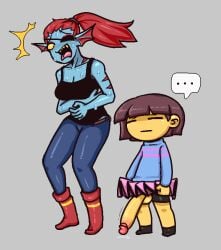 animal_humanoid anthro big_penis bottomwear clothing eye_patch eyewear female fish fish_humanoid frisk genitals hair huge_cock humanoid male mammal marine marine_humanoid nutrio penis penis_awe red_hair skirt surprised_expression undertale undertale_(series) undyne video_games