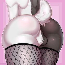 anthro anus ass balls black_white_body bubble_butt close-up clothing domestic_rabbit evelyn_(yutubaketa) fishnet fishnet_legwear fur genitals glistening glistening_body harlequin_rabbit hi_res lagomorph legwear leporid lop_rabbit male mammal mecaw monochrome_fur multicolored_body multicolored_fur nude oryctolagus rabbit rear_view simple_background solo tail_tuft tuft two_tone_body two_tone_fur