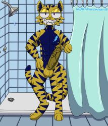 absurd_res anthro big_penis felid fur genitals glistening glistening_body glistening_skin glitter hi_res huge_cock hyper hyper_genitalia hyper_penis male mammal pantherine penis raevi10 shower shower_curtain showering solo tiger tiger_stripes yellow_body yellow_fur