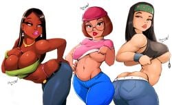 3girls aleksandrgav alternate_breast_size american_dad ass ass_cleavage bandana bare_midriff big_ass big_breasts black_eyes black_hair bracelet breasts bubble_butt busty butt butt_crack cleavage crossover curvaceous curvy dark-skinned_female dark_skin earrings edit eyeshadow family_guy female female_focus female_only fingernails g-string hayley_smith hourglass_figure huge_breasts large_breasts light-skinned_female light_skin lips lipstick long_hair looking_back low_cut_pants makeup meg_griffin multiple_girls nail_polish navel navel_piercing necklace pants partially_clothed piercing pink_nails pinup pinup_pose roberta_tubbs standing tagme tank_top tank_top_lift the_cleveland_show tubetop underboob voluptuous wide_hips young