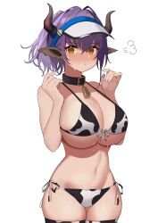 360_(taiyo360) :t absurdres animal_ears animal_print arknights bell bikini black_collar breasts cleavage collar commentary_request cow_ears cow_print cowbell cowboy_shot female hands_up highres horns large_breasts looking_at_viewer navel neck_bell orange_eyes ponytail pout purple_hair side-tie_bikini sideroca_(arknights) simple_background solo stomach swimsuit underboob visor_cap white_background