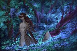 abstract_background animal_genitalia anthro balls brown_hair canid canine fully_sheathed fur genitals girly hair heron_stellanimus long_hair male mammal maned_wolf nipples nude sadnicole sheath solo striped_body striped_fur stripes