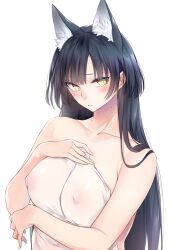 animal_ears black_hair blush fox_ears fox_girl inner_ear_fluff kemonomimi kitsune long_hair looking_at_viewer mole_under_eye nipple_bulge nipples_visible_through_clothing original see-through slit_pupils small_breasts towel upper_body yellow_eyes yukibuster