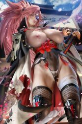 1girls amputee areola areolae arm_guards baiken bare_breasts bare_thighs big_breasts black_clothing black_leotard boots breasts breasts_exposed breasts_out breasts_out_of_clothes busty cherry_blossoms clothing eye_patch female female_focus female_only fishnet_thighhighs fit fit_female guilty_gear guilty_gear_strive guilty_gear_xrd hips holding_sword holding_weapon japanese_clothes japanese_clothing katana kimono large_breasts leotard leotard_under_clothes light-skinned_female light_skin long_hair long_ponytail looking_at_viewer missing_arm navel nipples pale-skinned_female pale_skin pink_eyes pink_hair ponytail sakimichan solo solo_female solo_focus standing sword thick_thighs thighhighs thighs toned toned_female toned_stomach wide_hips