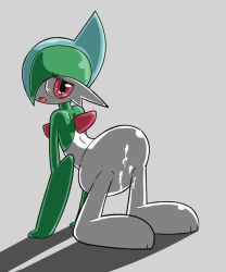 after_sex all_fours ass barbie_doll_anatomy bent_legs bent_over blush bodily_fluids chest_spike cum cum_on_butt cum_on_leg gallade genital_fluids green_body green_hair grey_background hair hair_over_eye horn humanoid kneeling looking_at_viewer looking_back male multicolored_body multicolored_hair nintendo on_model one_eye_obstructed open_mouth pokémon_(species) pokemon pokemon_(species) questionable_consent rear_view red_eyes sad simple_background solo solo_focus spikes spikes_(anatomy) teal_hair tears two_tone_body two_tone_hair unasunas video_games white_body