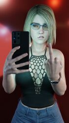 1girls 3d blonde_hair blue_eyes busty cellphone dc dc_comics female female_focus female_only fn_lewds fully_clothed glasses hourglass_figure injustice_2 middle_finger power_girl solo standing superman_(series) wide_hips