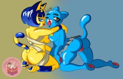 2girls animal_crossing ankha ankha_(animal_crossing) ass blue_fur blue_hair breasts cartoon_network catgirl foot_fetish full_body furry furry_breasts furry_cat kimochiimood milf mother nicole_watterson nintendo pussy skirt the_amazing_world_of_gumball thick_ass thick_thighs yellow_fur yuri