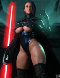 1girls 3d absurd_res black_hair breasts dark-skinned_female dark_skin female female_only fit green_eyes hi_res human inquisitor jedi:_fallen_order large_breasts latex leotard lightsaber rude_frog second_sister solo star_wars thick_thighs thighhighs thighs trilla_suduri underboob voluptuous wide_hips