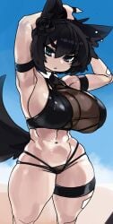 1girls armband arms_above_head big_breasts bikini black_hair blue_eyes ear_piercing eyebrows_visible_through_hair female female_only goth hi_res legband light-skinned_female light_skin looking_at_viewer original raine_(zanamaoria) seaside slim_waist solo solo_female thick_thighs wolf_ears wolf_girl wolf_tail zanamaoria