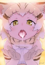 after_fellatio bow cat_ear clothing elbow_gloves fellatio female female female_only female_solo gloves hand_up high_resolution kemono_friends masuyama_ryou open_mouth oral sand_cat_(kemono_friends) seam semen semen_in_mouth solo tongue tongue_out yellow_eyes