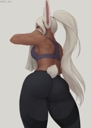 1girls animal_ears ass black_leggings cowboy_shot crop_top dark-skinned_female dark_skin dat_ass female female_only from_behind fully_clothed grey_background highres holding holding_towel huge_ass kris_null leggings long_hair miruko muscular muscular_female my_hero_academia ponytail purple_shirt rabbit_ears rabbit_girl rabbit_tail red_eyes rumi_usagiyama shirt sidelocks simple_background solo sports_bra sportswear tail thick_thighs thighs tight_clothing towel twitter_username white_hair workout_clothes yoga_pants