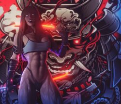 1girls 3d abs clothed clothing demon demon_girl depth_of_field devil devil_girl extreme_muscles fangs female female_only glowing_eyes holding_weapon large_breasts long_hair looking_at_viewer muscular muscular_female oni over_(artist) panties pink_body pink_skin sharp_teeth slushe_(website) solo solo_female standing