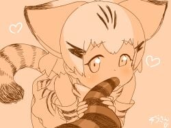 4:3_aspect_ratio animal_ears cat_ear cat_tail elbow_gloves female female female_focus gloves heart high_resolution kemono_friends masuyama_ryou monochrome object_insertion oral sand_cat_(kemono_friends) snake_tail solo_focus tail tail_in_mouth tentacle_in_mouth tsuchinoko_(kemono_friends)