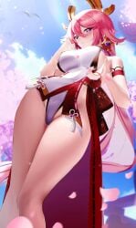 1girls alternate_version_available big_breasts curvy curvy_figure earrings fantongjun female female_only genshin_impact hair_ornament hi_res highres large_breasts long_hair looking_at_viewer pink_hair purple_eyes solo solo_female thick thick_thighs thighs voluptuous yae_miko