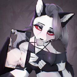 anthro anus bedroom_eyes blush canid canid_demon cellphone clothed condom_in_mouth fur furry gray_fur gray_hair helluva_boss looking_at_viewer loona_(helluva_boss) phone phone_screen pussy red_sclera sevesiya spiked_collar tagme white_body white_eyes white_fur wolf_demon wolf_ears wolf_girl wolf_humanoid