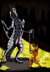 2008 anthro anus canid canine canis cave chained chains domestic_dog dragon drink_(artist) duo erection genitals hoard jewelry male male/male mammal membrane_(anatomy) membranous_wings penis scalie size_difference slave treasure_hoard western_dragon whip wings