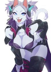 1girls 5_fingers anthro anthro_only big_breasts blue_eyes breasts chest_tuft cloak eyelashes fangs fangs_out female fur furry furry_only hand_on_own_hip hand_on_own_thigh horns humanoid humanoid_hands looking_at_viewer mammal mammal_humanoid mascara open_mouth original_character pointy_ears pose posing presenting presenting_breasts seductive seductive_gaze seductive_look seductive_pose short_shorts shorts simple_background skimpy skimpy_clothes solo solo_female tagme tail teteteko thin_eyebrows tuft unknown_species white_background white_body white_fur