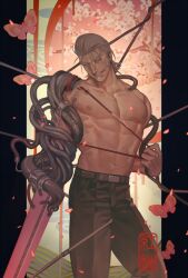 abs body_horror body_modification closed_eyes cybernetics gintama grey_hair male male_only mature_male mdrkwgk muscular muscular_male okada_nizou painting_(artwork) pecs petals sideburns smile solo topless topless_male