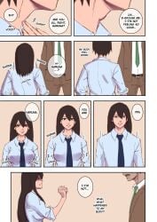 2boys arisa_yoshi big_breasts boss breast_expansion brown_hair comic gender_transformation hair_growth long_hair male male_to_female mtf_transformation rule_63 shrinking suit text transformation