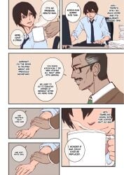 2boys arisa_yoshi ass_expansion boss breast_expansion brown_hair comic employee_uniform gender_transformation genderswap_(mtf) glasses hair_growth male male_to_female moustache mtf_transformation rule_63 text transformation