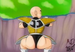 1boy ancient-onyx ass back_view bald big_ass big_butt butt dragon_ball fat_ass fat_butt fully_clothed gay huge_ass huge_butt krillin kuririn looking_at_viewer male male_focus male_only shounen_jump solo thick_ass thick_butt