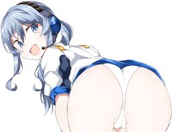 ass blue_eyes blue_hair blue_skirt cowboy_shot female from_behind gotland_(kantai_collection) headphones headset jacket kantai_collection leaning_forward long_hair looking_back microphone mole mole_under_eye panties ponytail race_queen shigino_sohuzi simple_background skirt smile solo underwear white_background white_jacket white_panties