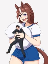 1boy 1futa alain_sibon animal_ears big_breasts breasts breasts_bigger_than_head bulge clothed clothing duo extreme_size_difference fully_clothed futa_giantess futa_on_male futanari giant_futanari giantess horse_ears horse_girl horse_tail horsecock huge_breasts hyper hyper_breasts implied_futanari light-skinned_futanari light-skinned_male light_skin macro macro_futa male micro micro_male micro_on_breasts micro_on_macro penis penis_under_clothes sheath size_difference standing tail thick_thighs wide_hips